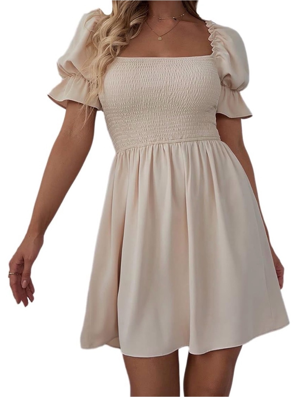 Women’s Puff Sleeve Smocked Bodice Dress in Blush/Beige